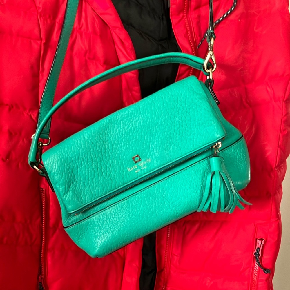 Kate Spade turquoise leather crossbody/ top handle bag with black/white lining